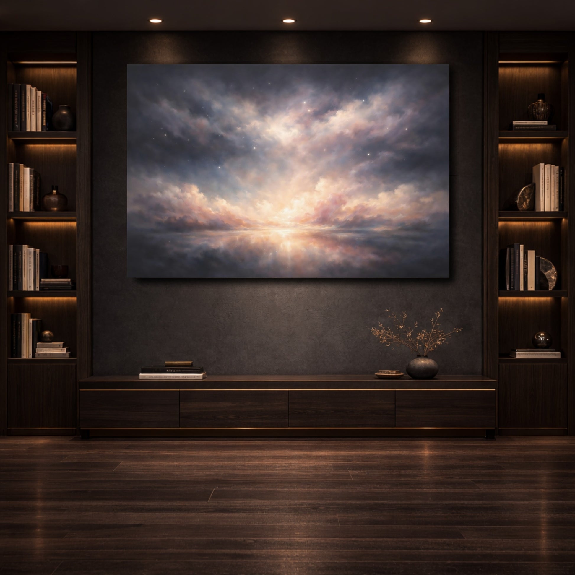 Mockup 3. Nature Celestial Sky Pink And Blue Sky shown as stretched canvas wall art