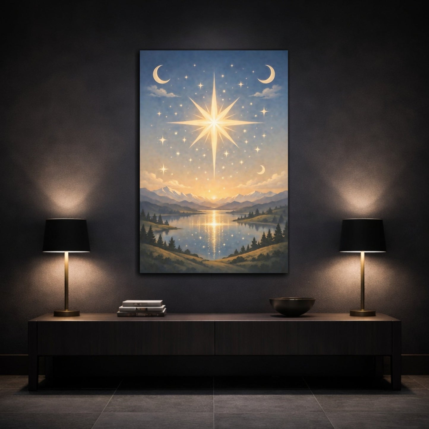 Nature Celestial Star Blue Gold Landscape - Canvas Wall Art Print - YesArtYes