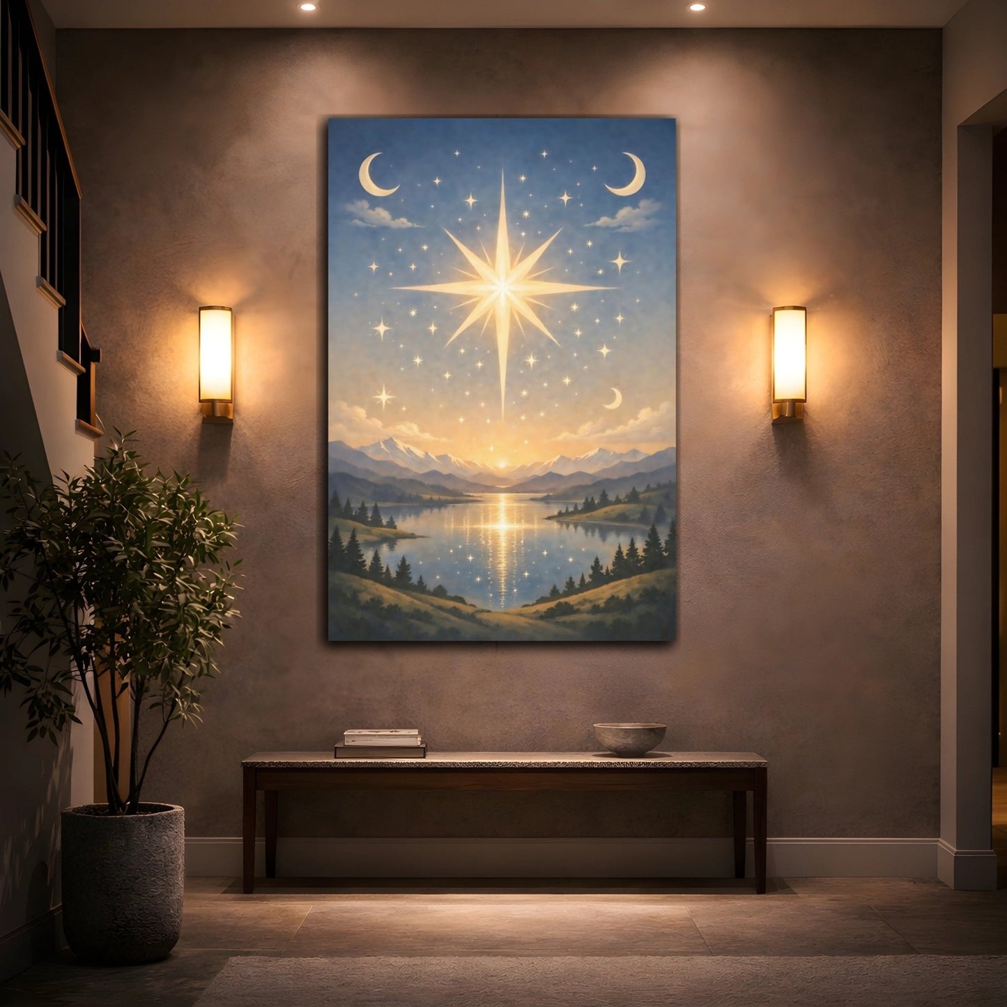 Nature Celestial Star Blue Gold Landscape - Canvas Wall Art Print - YesArtYes