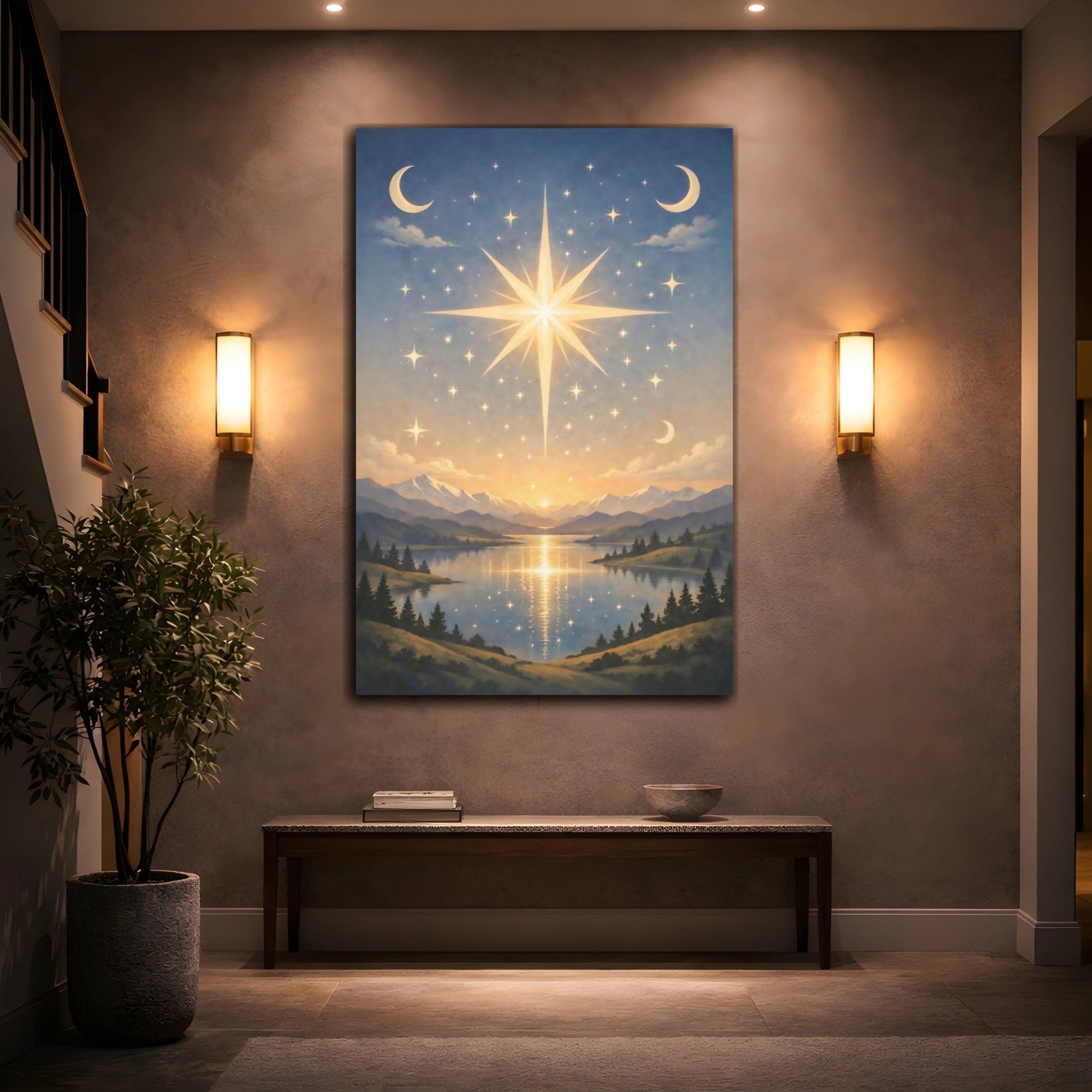Nature Celestial Star Blue Gold Landscape - Canvas Wall Art Print - YesArtYes
