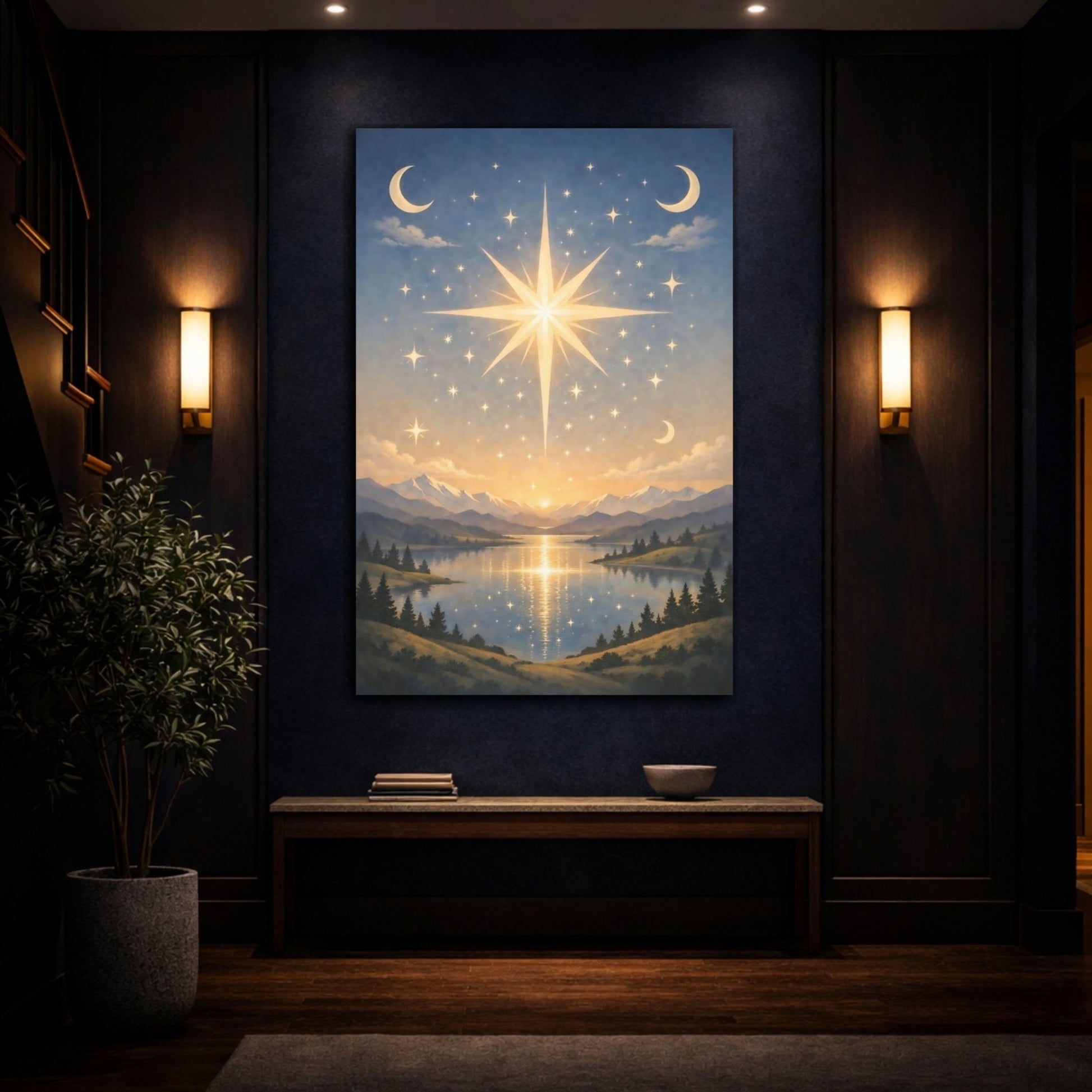 Nature Celestial Star Blue Gold Landscape - Canvas Wall Art Print - YesArtYes