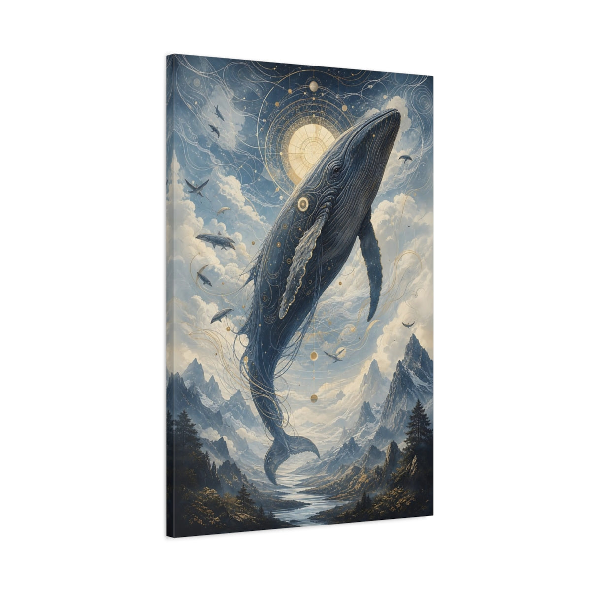 Main Mockup. Nature Celestial Whale Blue And Gold shown as stretched canvas wall art