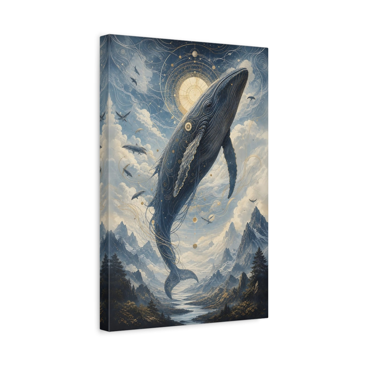 Side Mockup 4. Nature Celestial Whale Blue And Gold shown as stretched canvas wall art