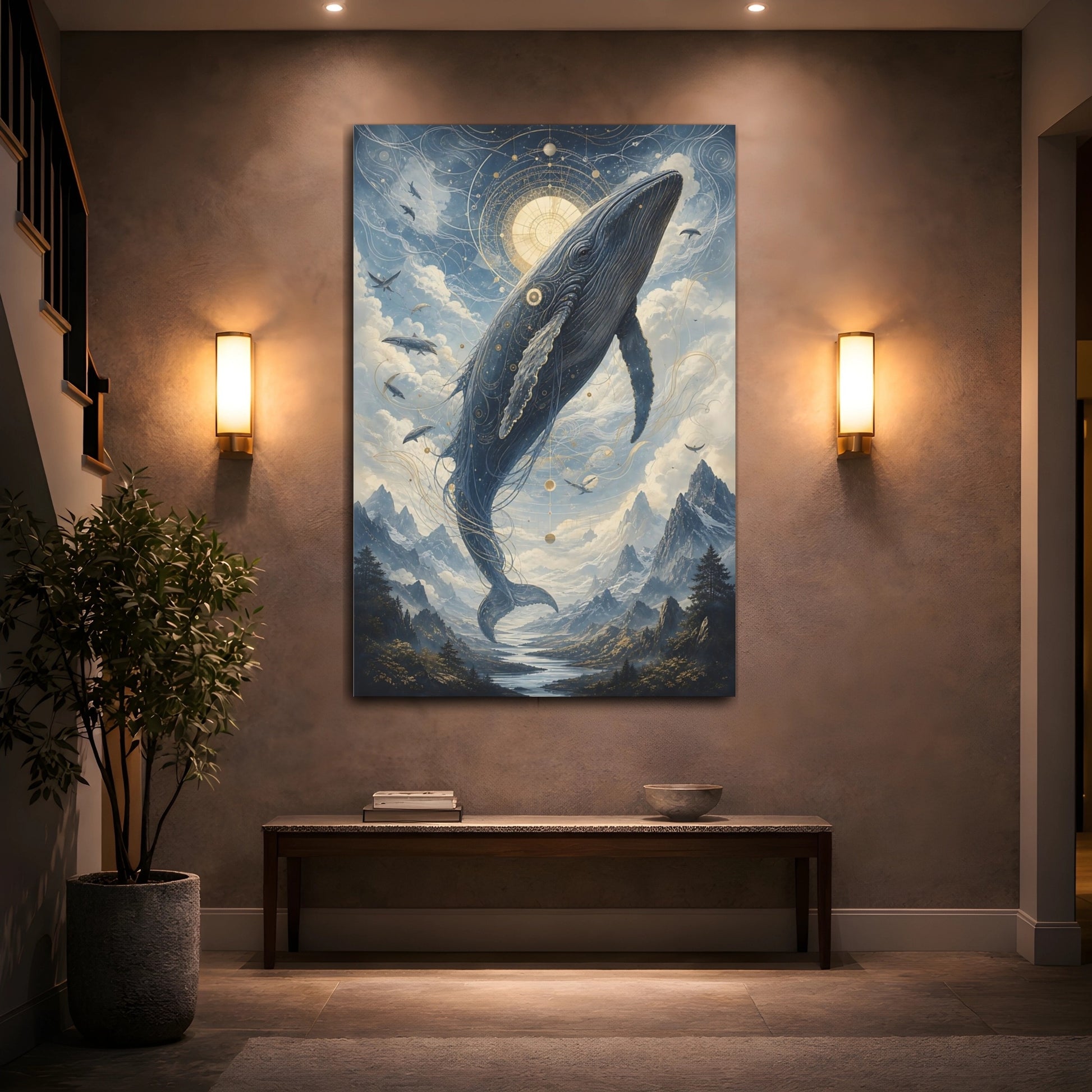 Mockup 2. Nature Celestial Whale Blue And Gold shown as stretched canvas wall art