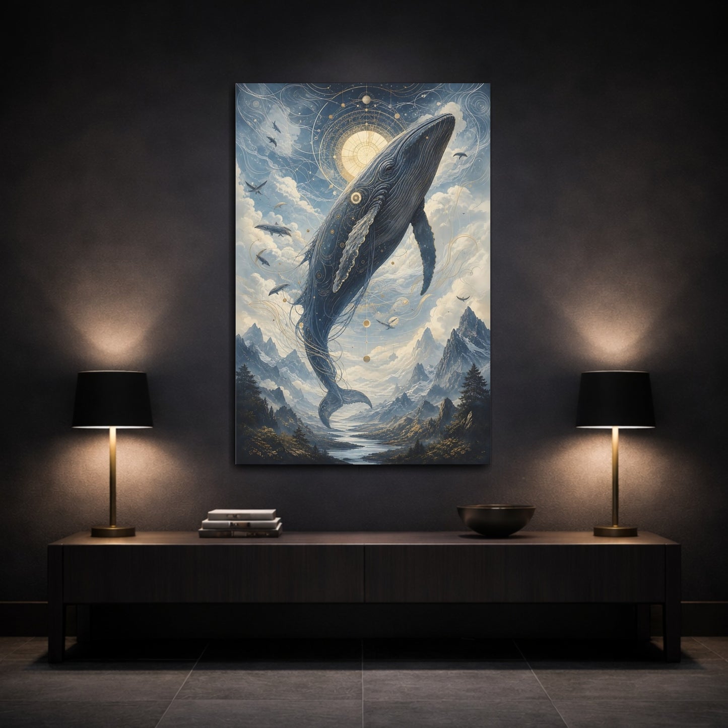 Mockup 3. Nature Celestial Whale Blue And Gold shown as stretched canvas wall art