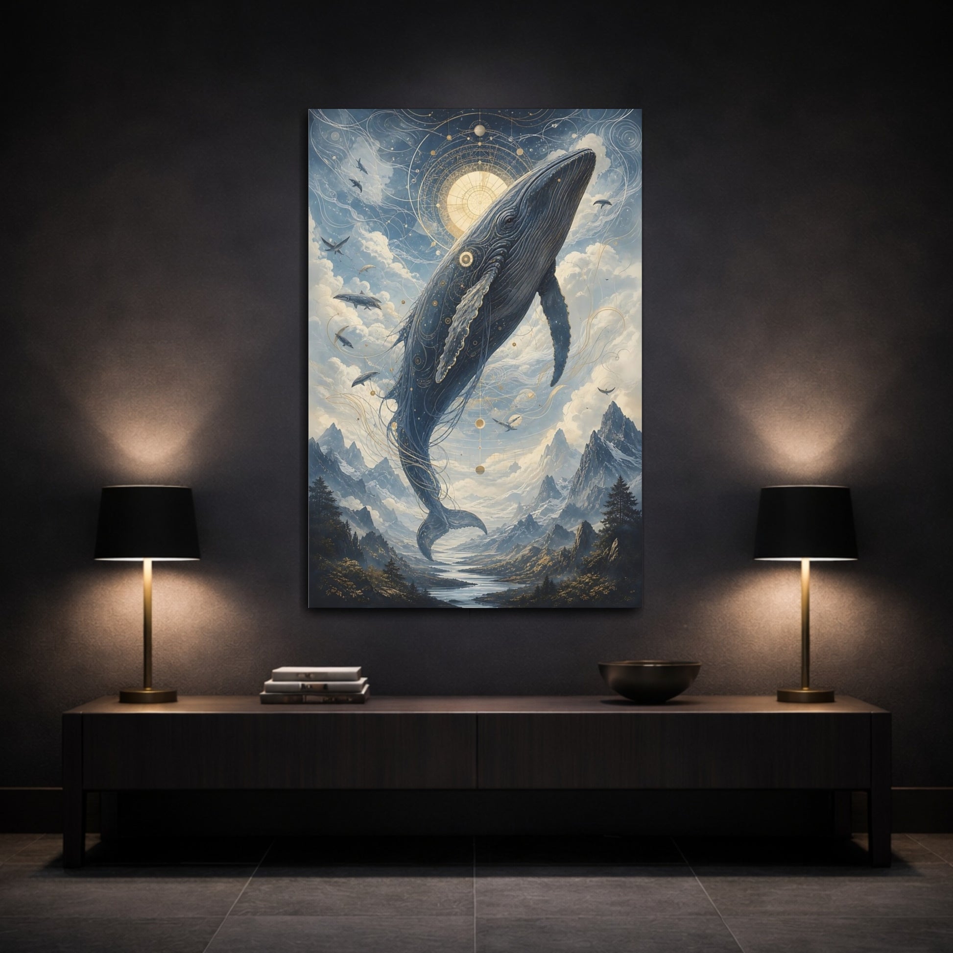 Mockup 3. Nature Celestial Whale Blue And Gold shown as stretched canvas wall art