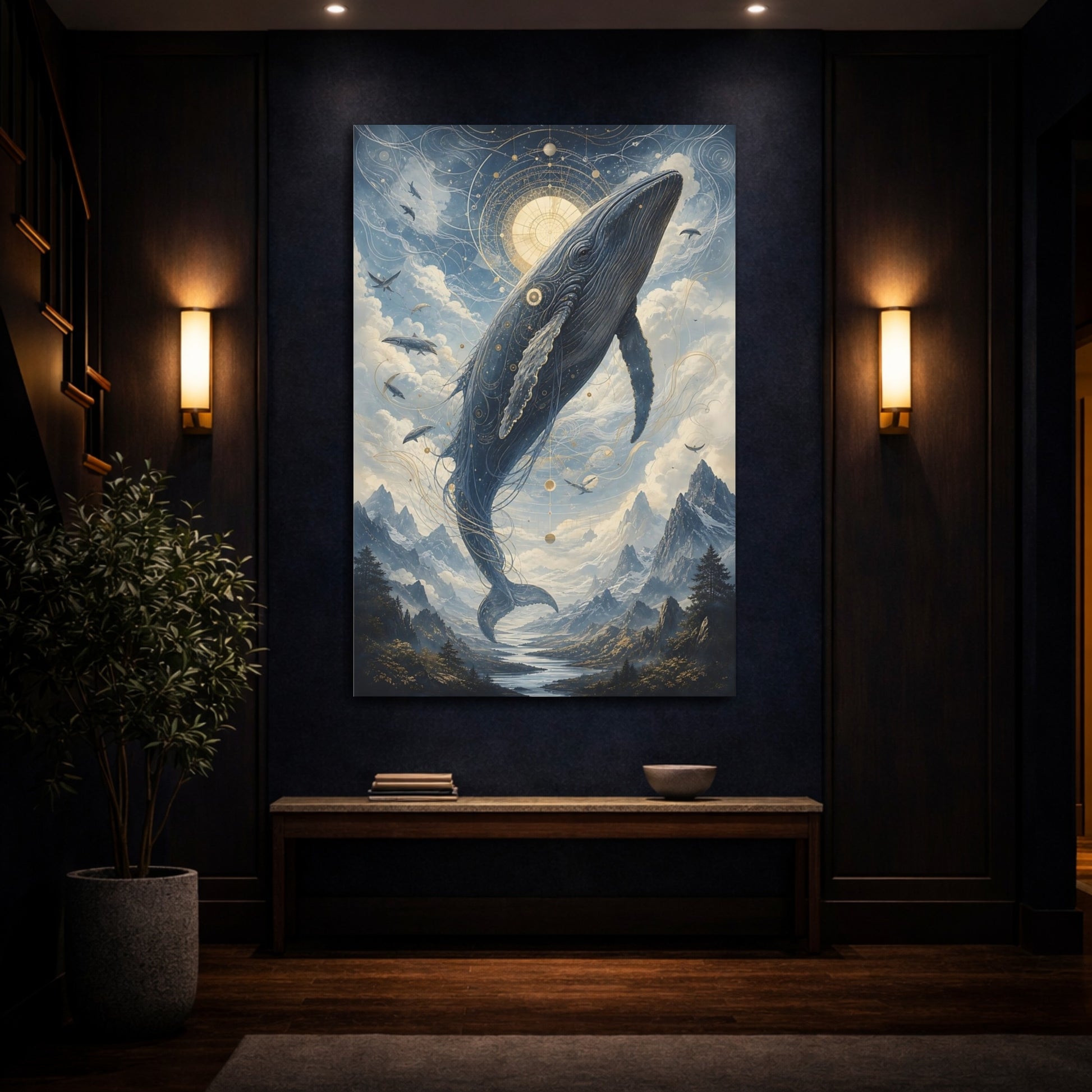 Mockup 4. Nature Celestial Whale Blue And Gold shown as stretched canvas wall art