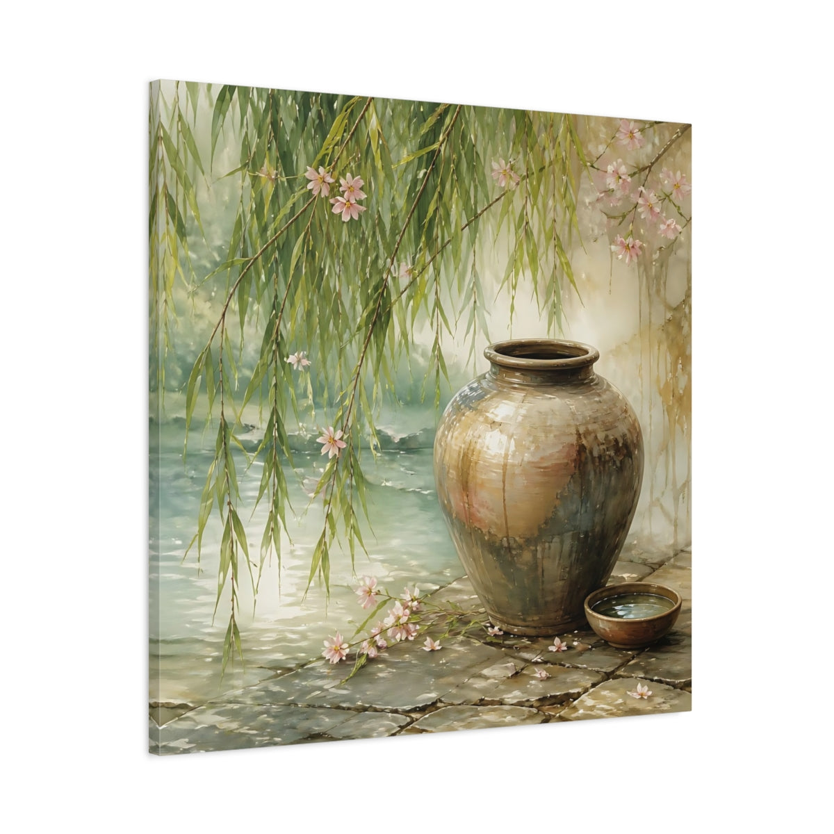 Main Mockup. Nature Ceramic Vase Tranquil Garden Scene shown as stretched canvas wall art