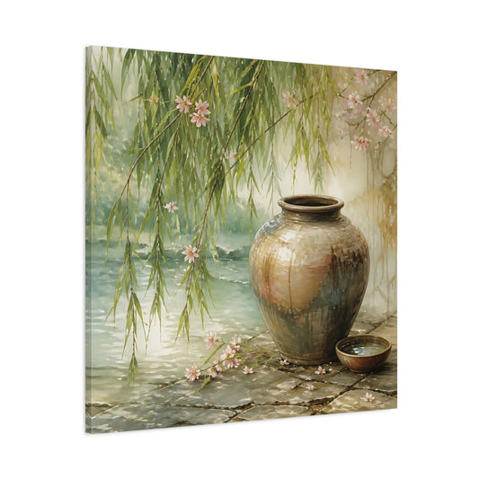 Main Mockup. Nature Ceramic Vase Tranquil Garden Scene shown as stretched canvas wall art