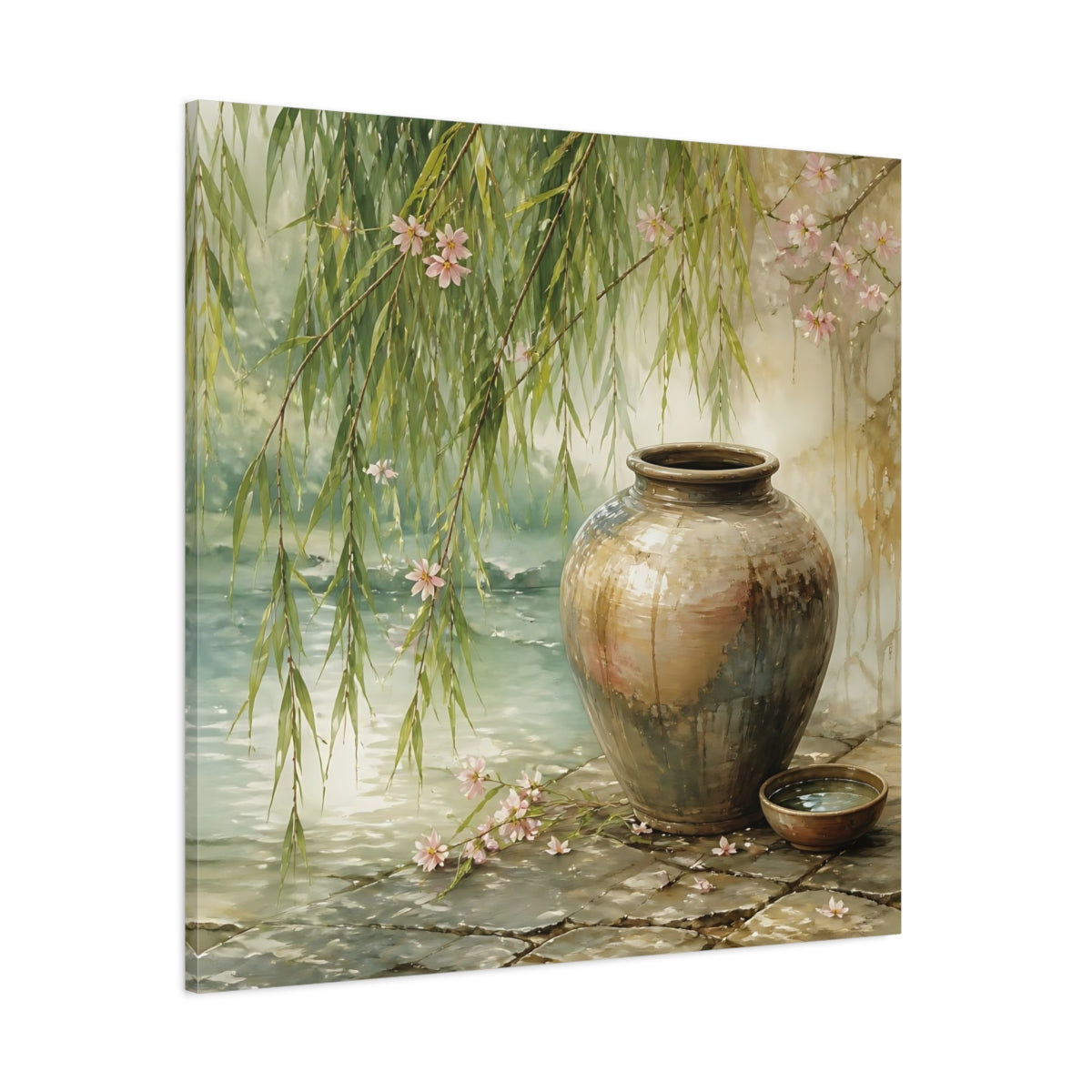 Side Mockup 1. Nature Ceramic Vase Tranquil Garden Scene shown as stretched canvas wall art