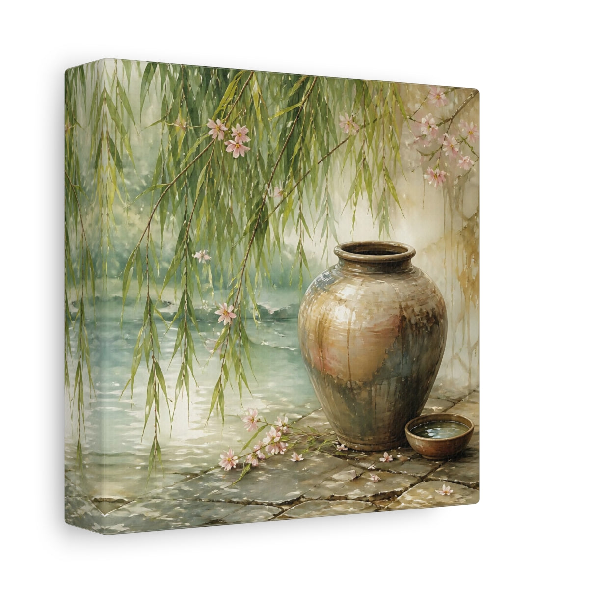 Side Mockup 2. Nature Ceramic Vase Tranquil Garden Scene shown as stretched canvas wall art