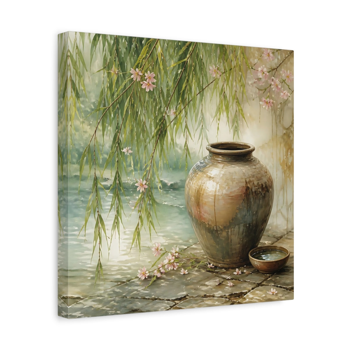 Side Mockup 7. Nature Ceramic Vase Tranquil Garden Scene shown as stretched canvas wall art