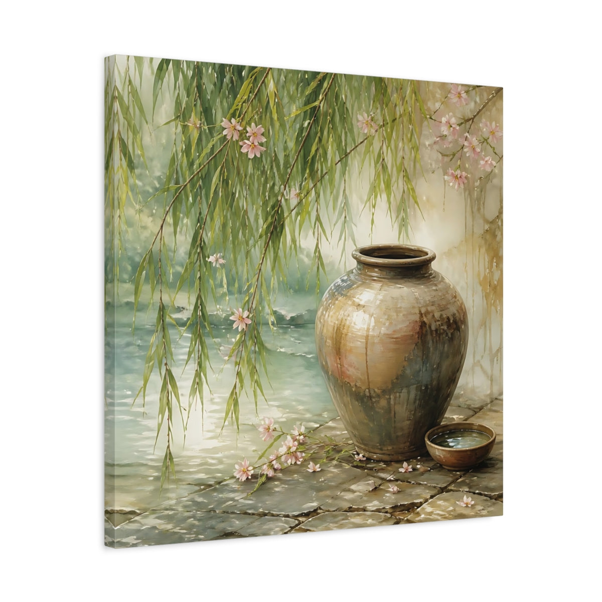 Side Mockup 4. Nature Ceramic Vase Tranquil Garden Scene shown as stretched canvas wall art