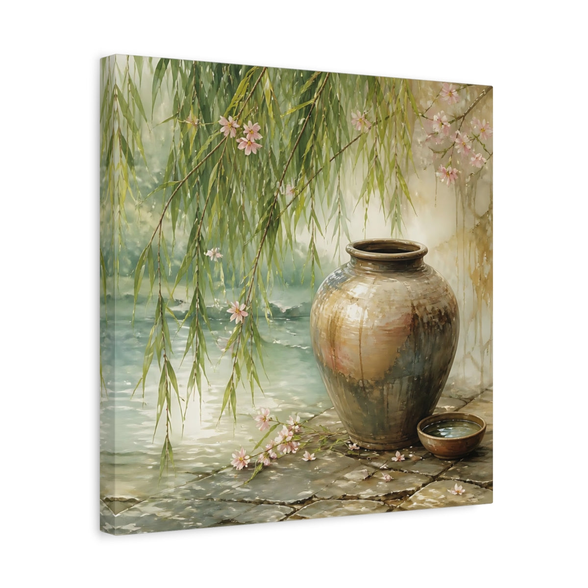 Side Mockup 6. Nature Ceramic Vase Tranquil Garden Scene shown as stretched canvas wall art