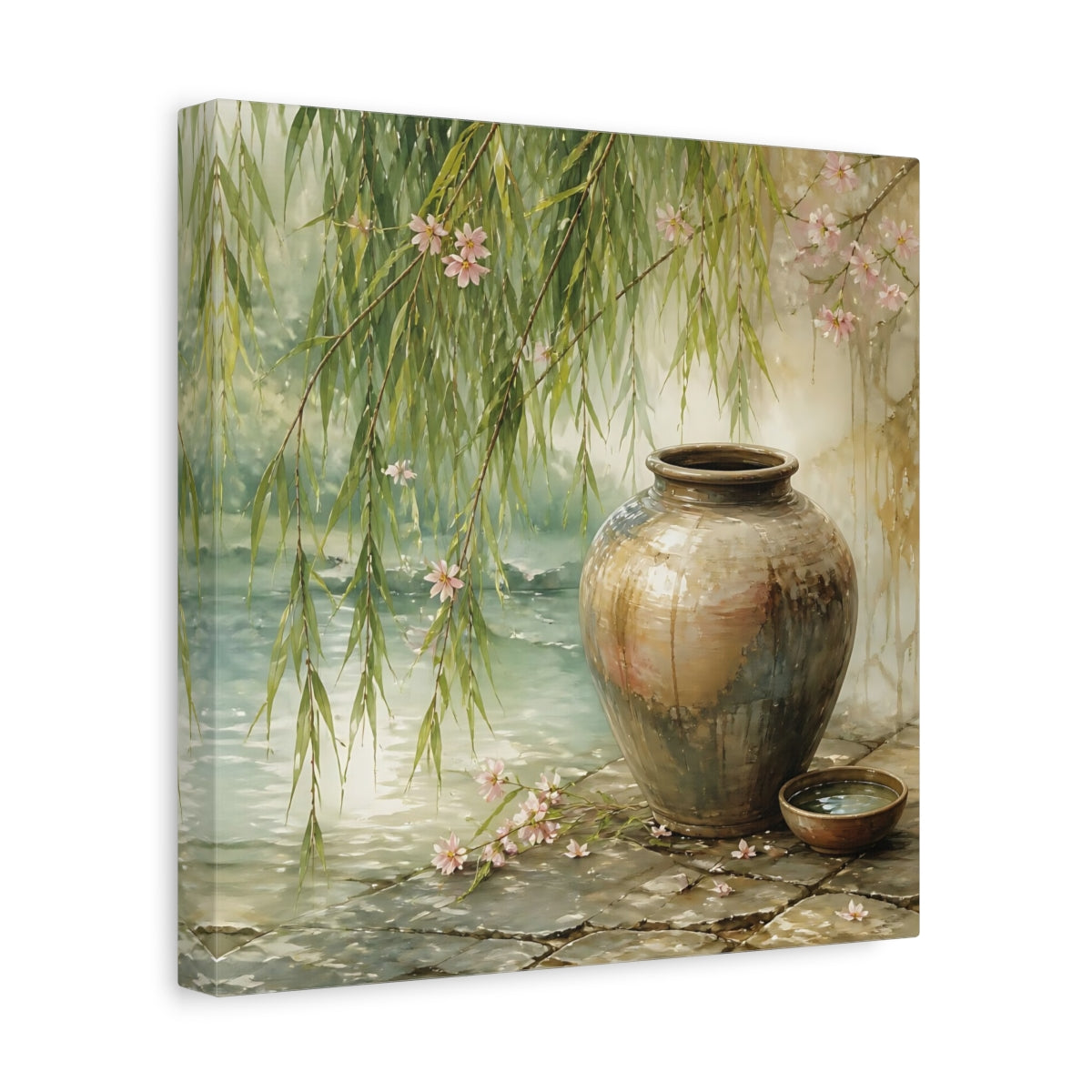 Side Mockup 8. Nature Ceramic Vase Tranquil Garden Scene shown as stretched canvas wall art