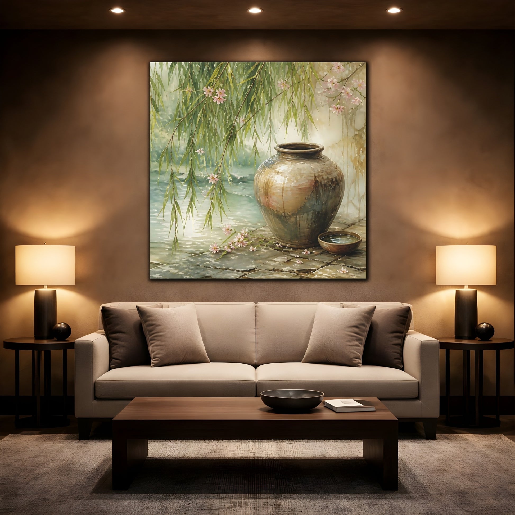 Mockup 2. Nature Ceramic Vase Tranquil Garden Scene shown as stretched canvas wall art