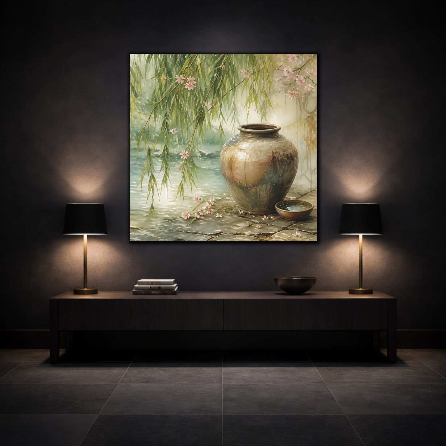 Mockup 3. Nature Ceramic Vase Tranquil Garden Scene shown as stretched canvas wall art