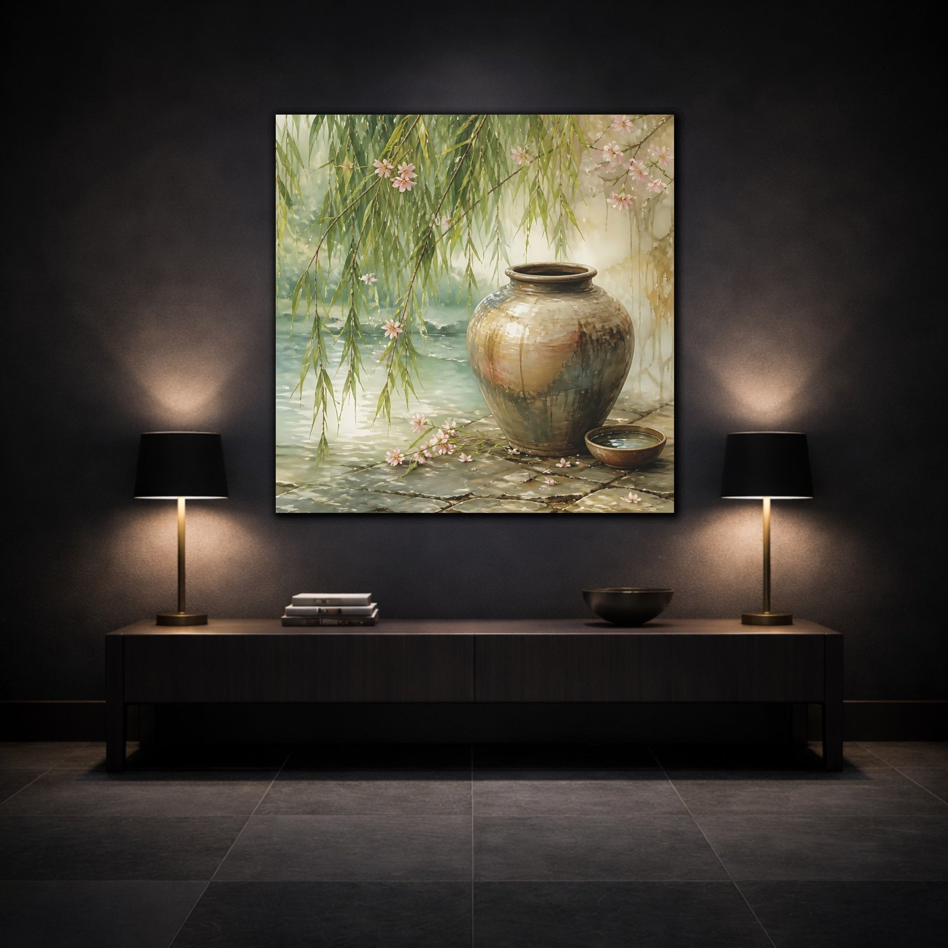 Mockup 3. Nature Ceramic Vase Tranquil Garden Scene shown as stretched canvas wall art