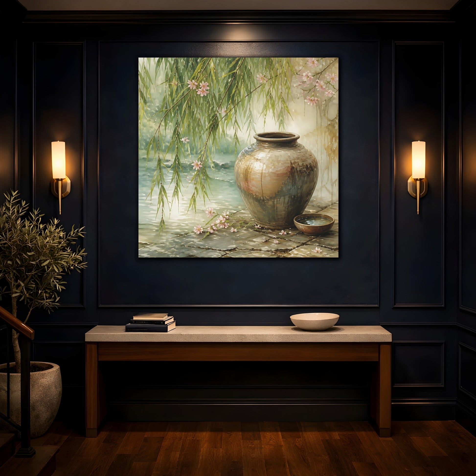 Mockup 4. Nature Ceramic Vase Tranquil Garden Scene shown as stretched canvas wall art