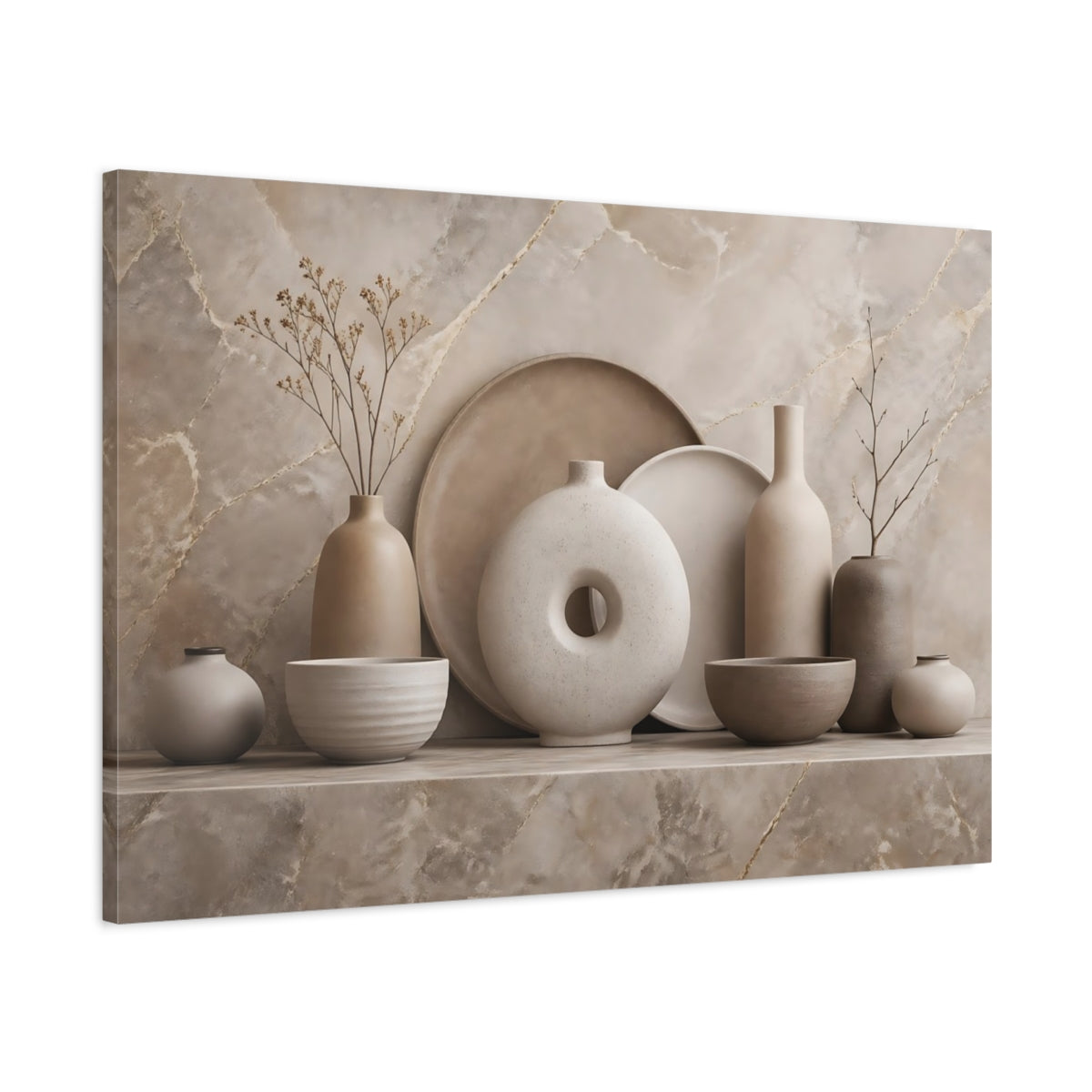Main Mockup. Nature Ceramic Vases Neutral Tones shown as stretched canvas wall art