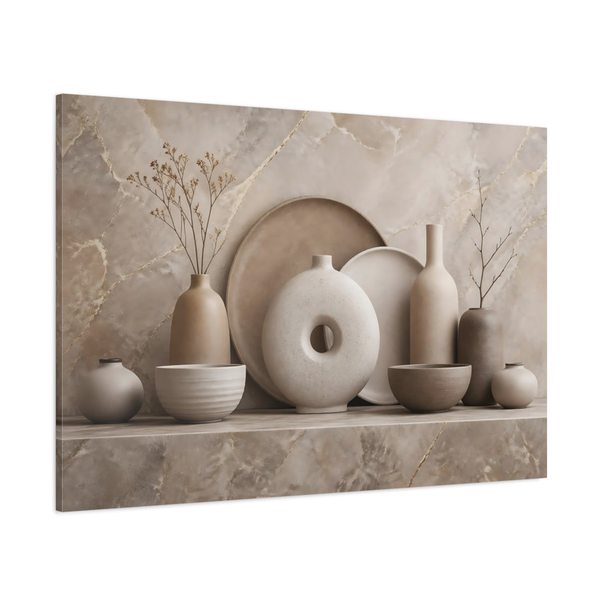 Side Mockup 1. Nature Ceramic Vases Neutral Tones shown as stretched canvas wall art