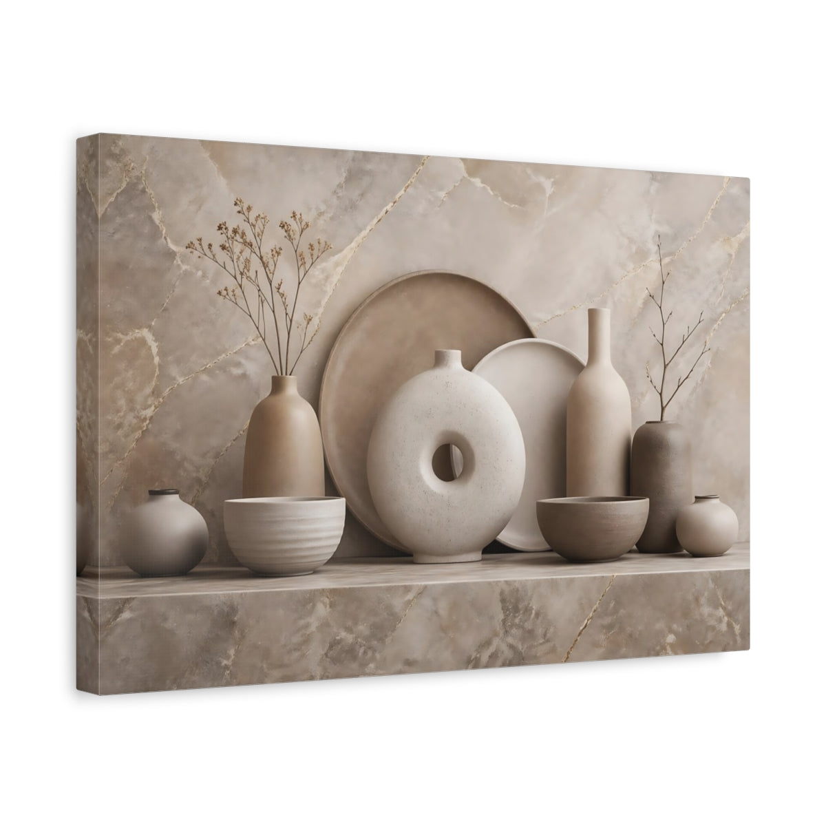 Side Mockup 4. Nature Ceramic Vases Neutral Tones shown as stretched canvas wall art
