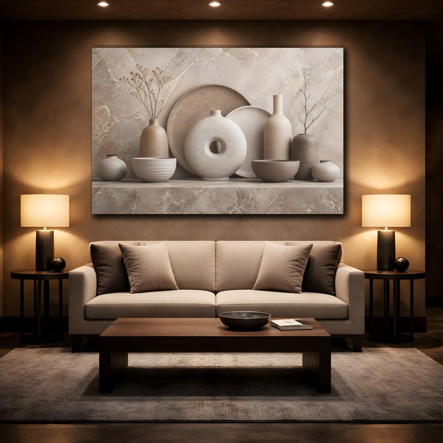 Mockup 2. Nature Ceramic Vases Neutral Tones shown as stretched canvas wall art