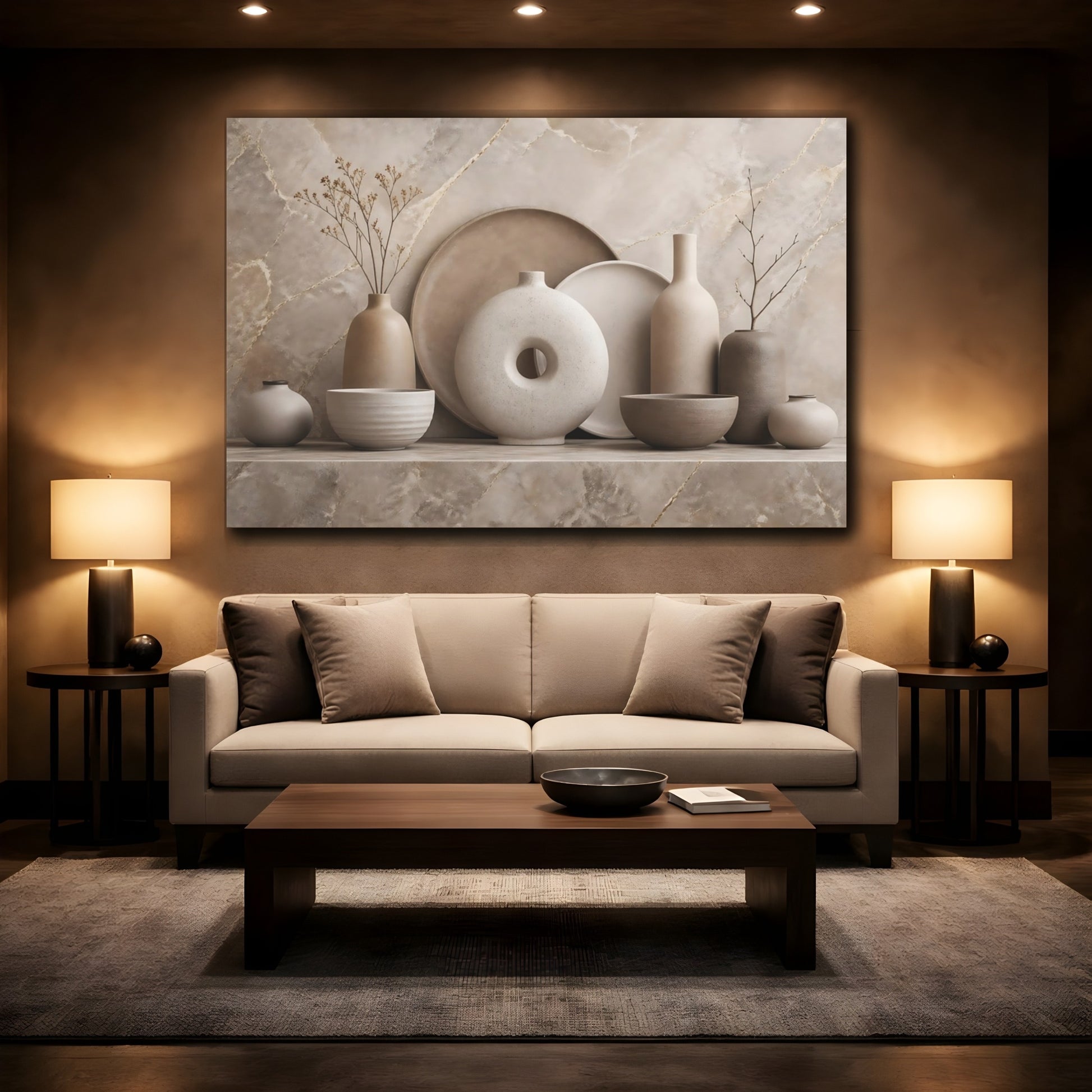 Mockup 2. Nature Ceramic Vases Neutral Tones shown as stretched canvas wall art