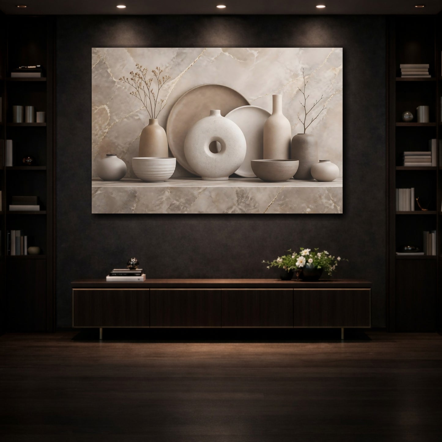 Mockup 3. Nature Ceramic Vases Neutral Tones shown as stretched canvas wall art