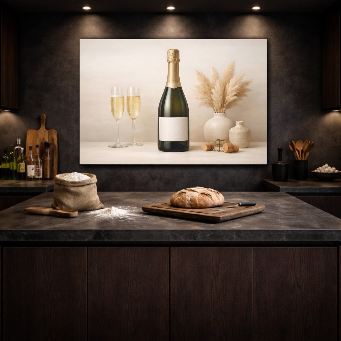 Nature Champagne Bottle Beige - Canvas Wall Art Print - YesArtYes