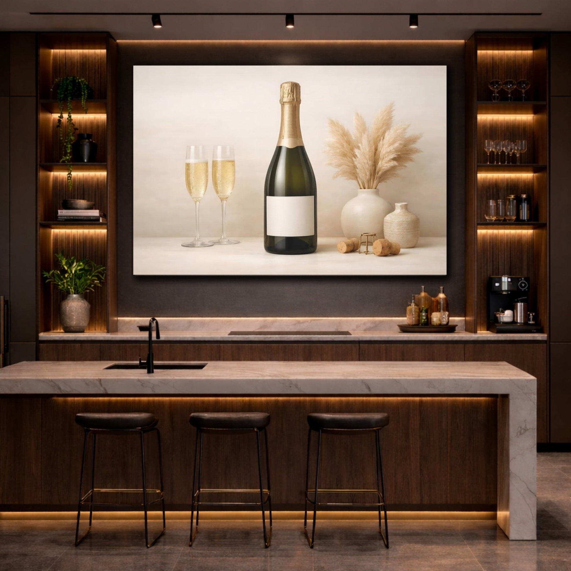 Nature Champagne Bottle Beige - Canvas Wall Art Print - YesArtYes