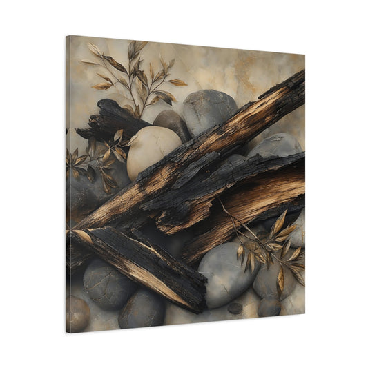 Main Mockup. Nature Charred Wood Brown And Grey shown as stretched canvas wall art