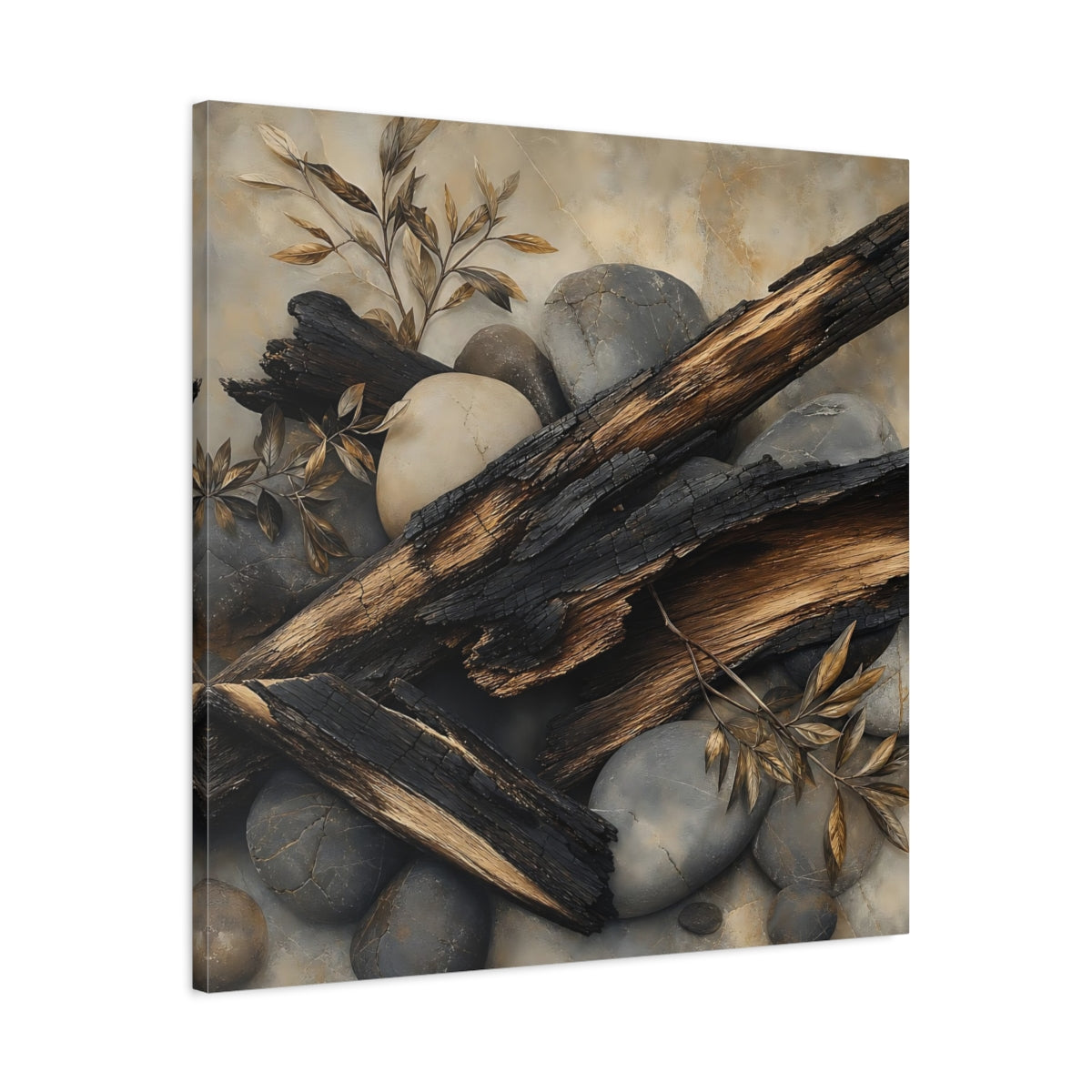 Side Mockup 3. Nature Charred Wood Brown And Grey shown as stretched canvas wall art