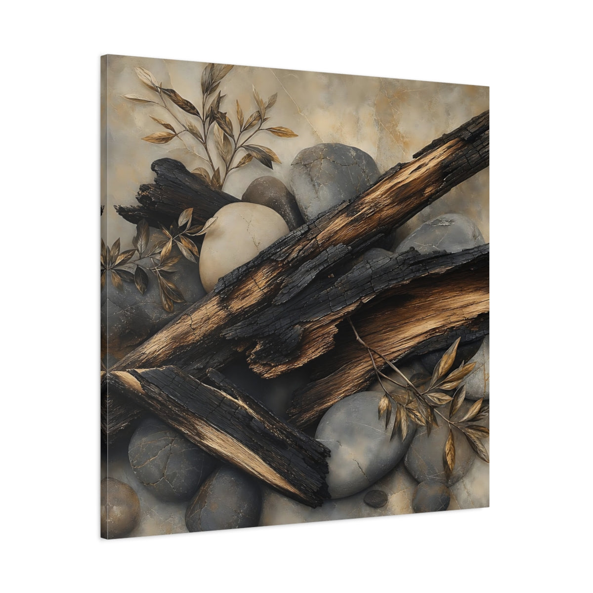 Side Mockup 1. Nature Charred Wood Brown And Grey shown as stretched canvas wall art