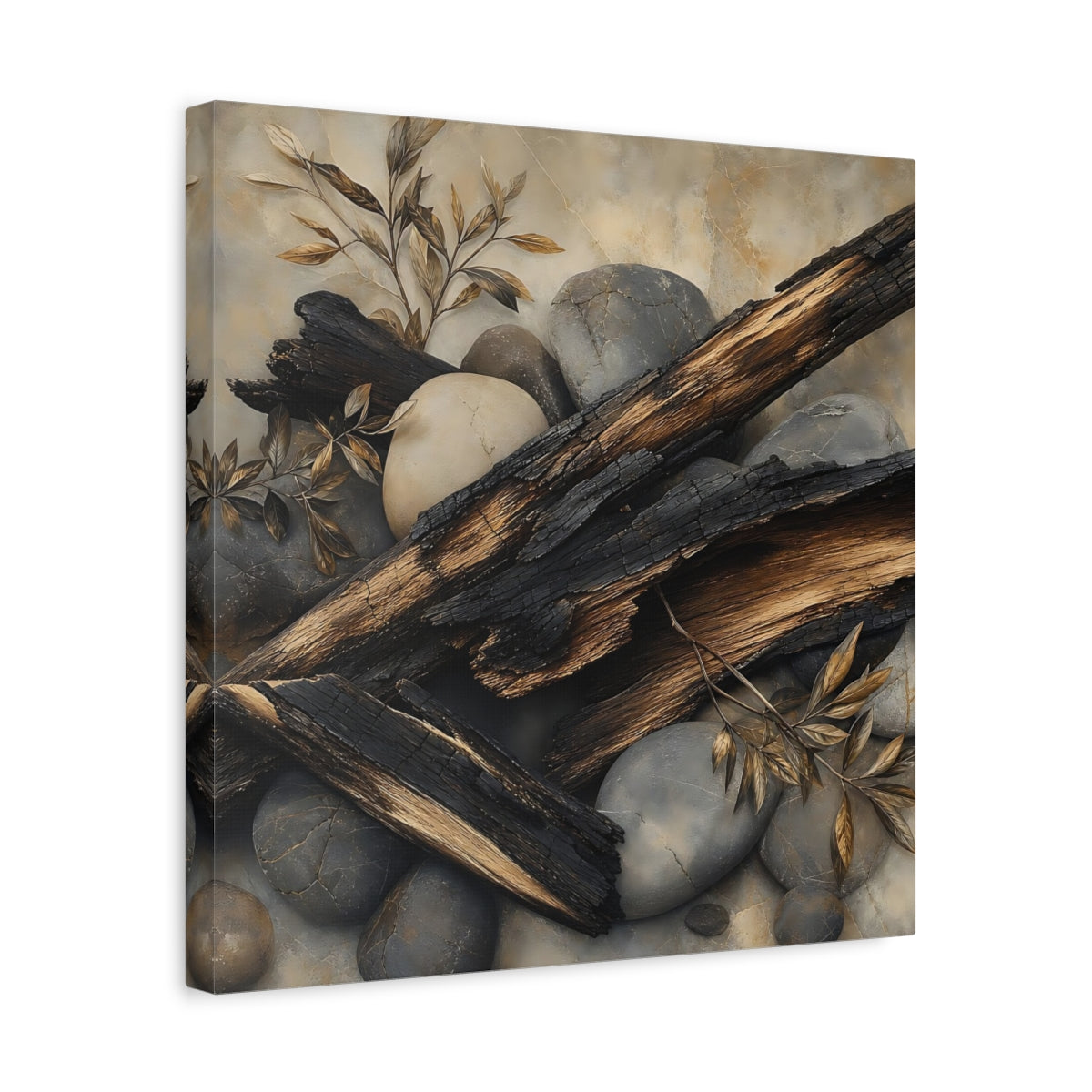 Side Mockup 6. Nature Charred Wood Brown And Grey shown as stretched canvas wall art