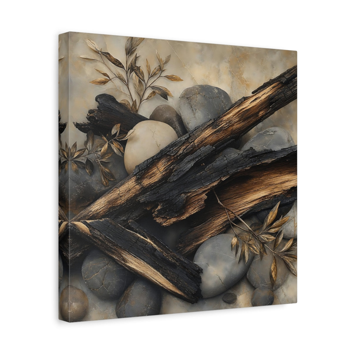 Side Mockup 7. Nature Charred Wood Brown And Grey shown as stretched canvas wall art