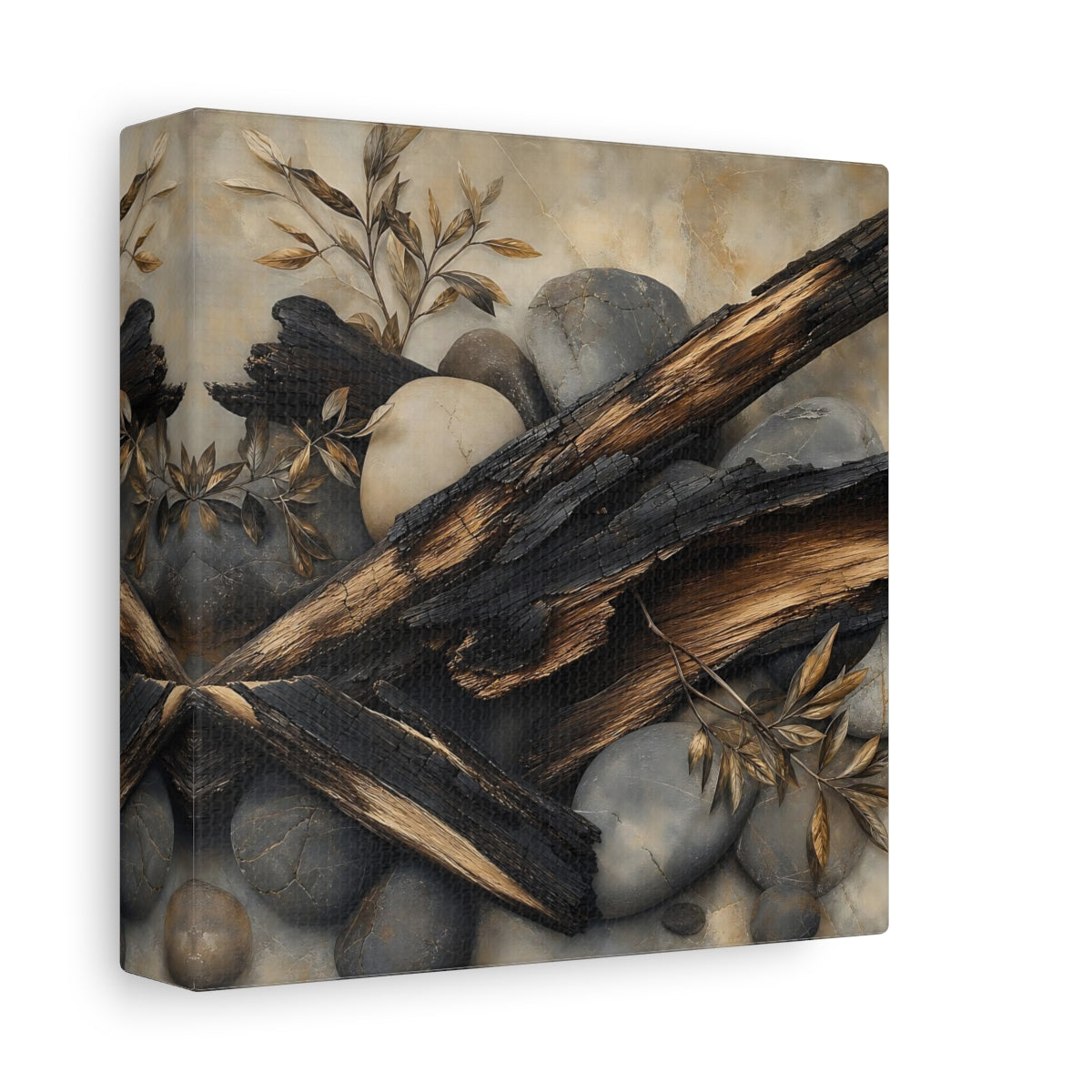 Side Mockup 2. Nature Charred Wood Brown And Grey shown as stretched canvas wall art