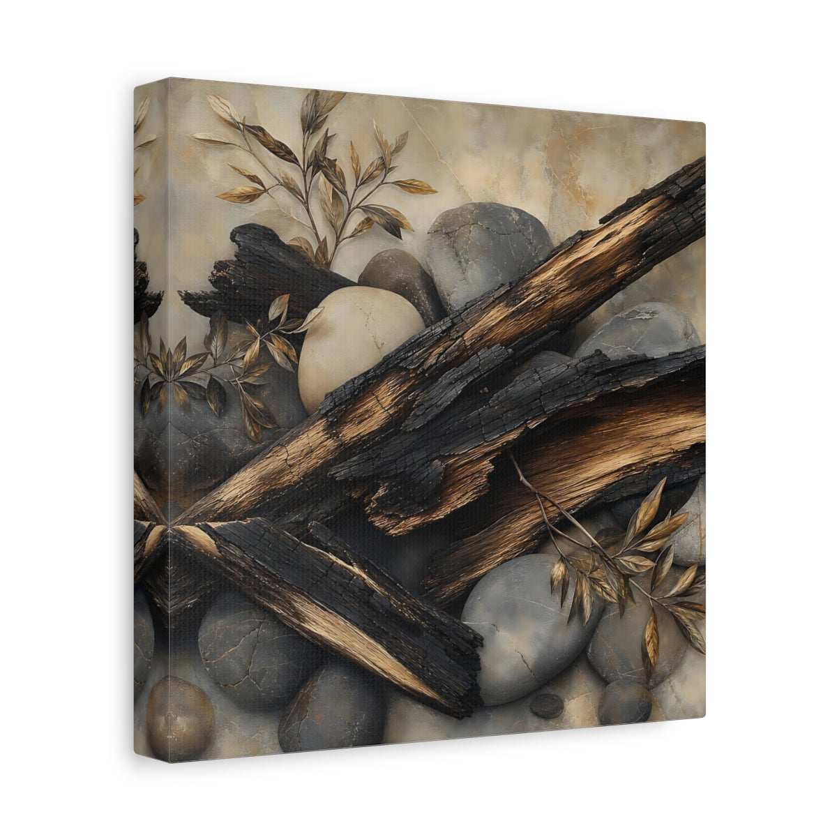 Side Mockup 9. Nature Charred Wood Brown And Grey shown as stretched canvas wall art