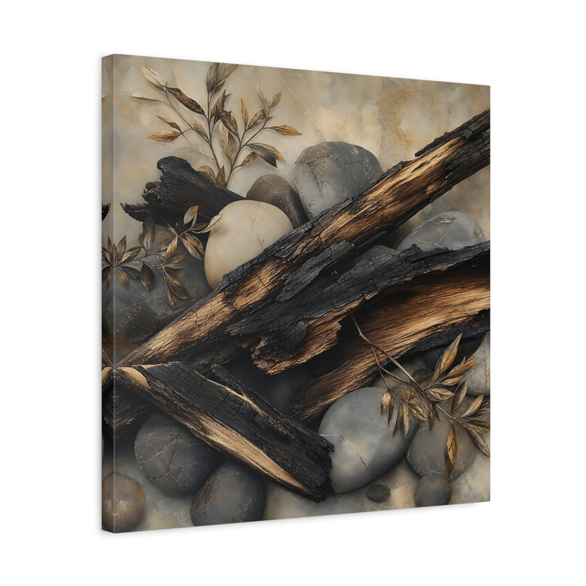 Side Mockup 5. Nature Charred Wood Brown And Grey shown as stretched canvas wall art
