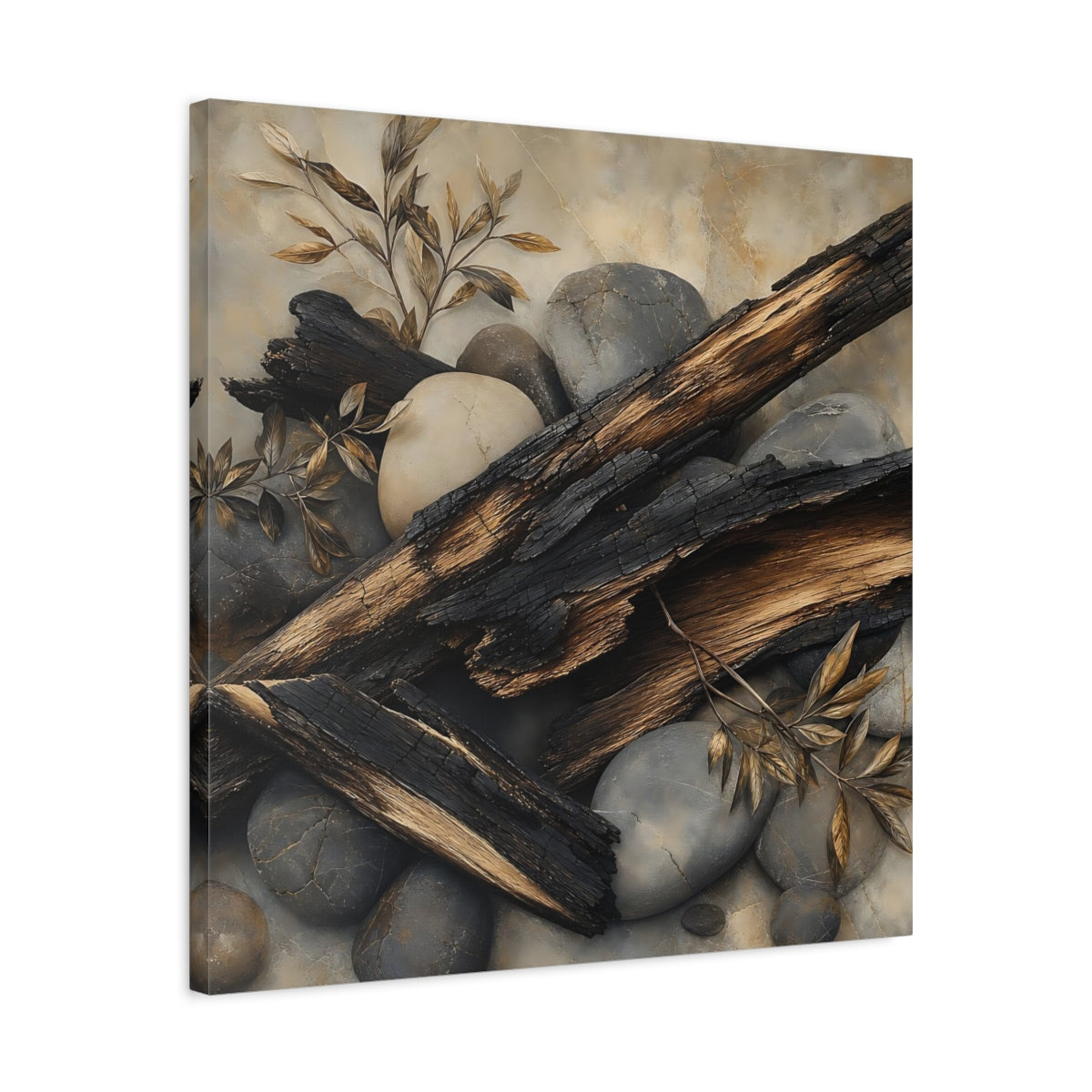 Side Mockup 4. Nature Charred Wood Brown And Grey shown as stretched canvas wall art