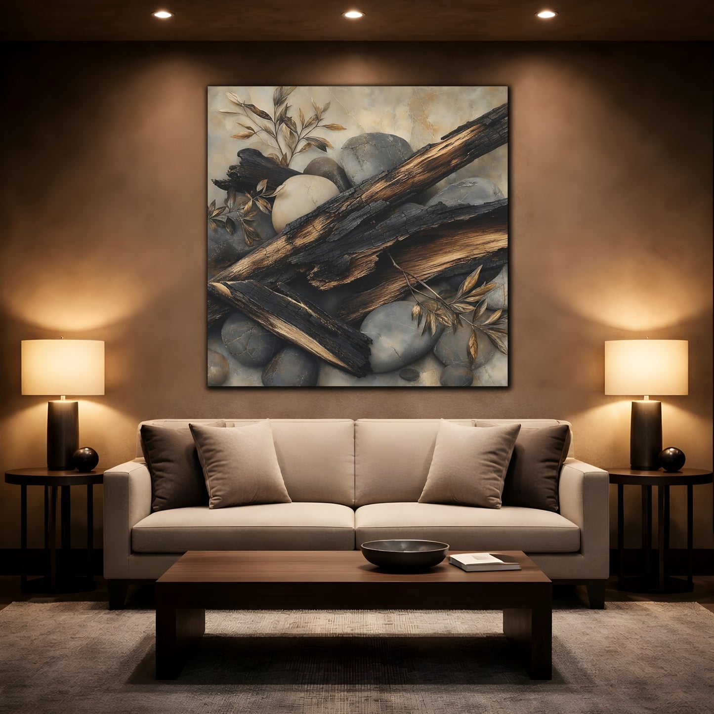 Mockup 2. Nature Charred Wood Brown And Grey shown as stretched canvas wall art