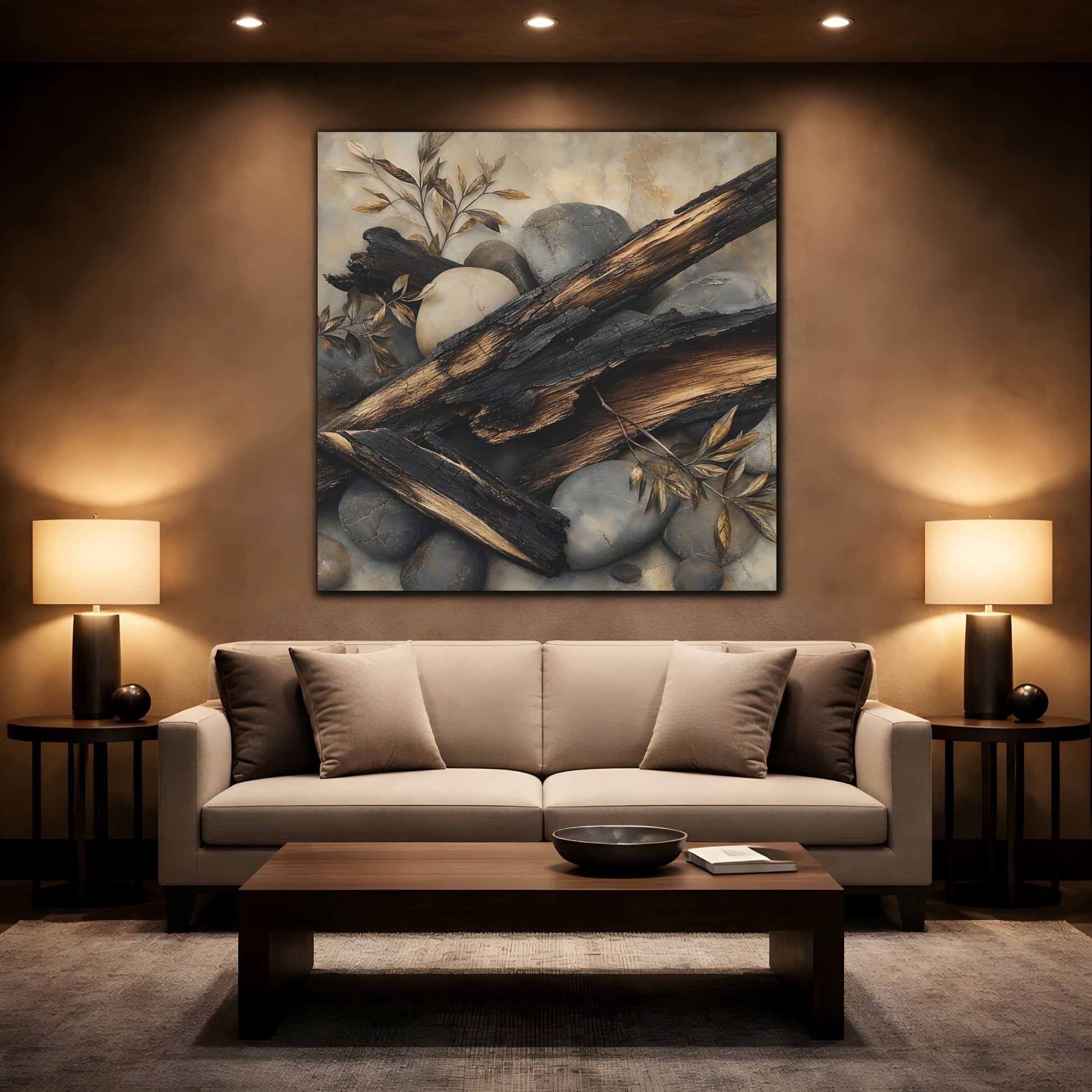 Mockup 2. Nature Charred Wood Brown And Grey shown as stretched canvas wall art