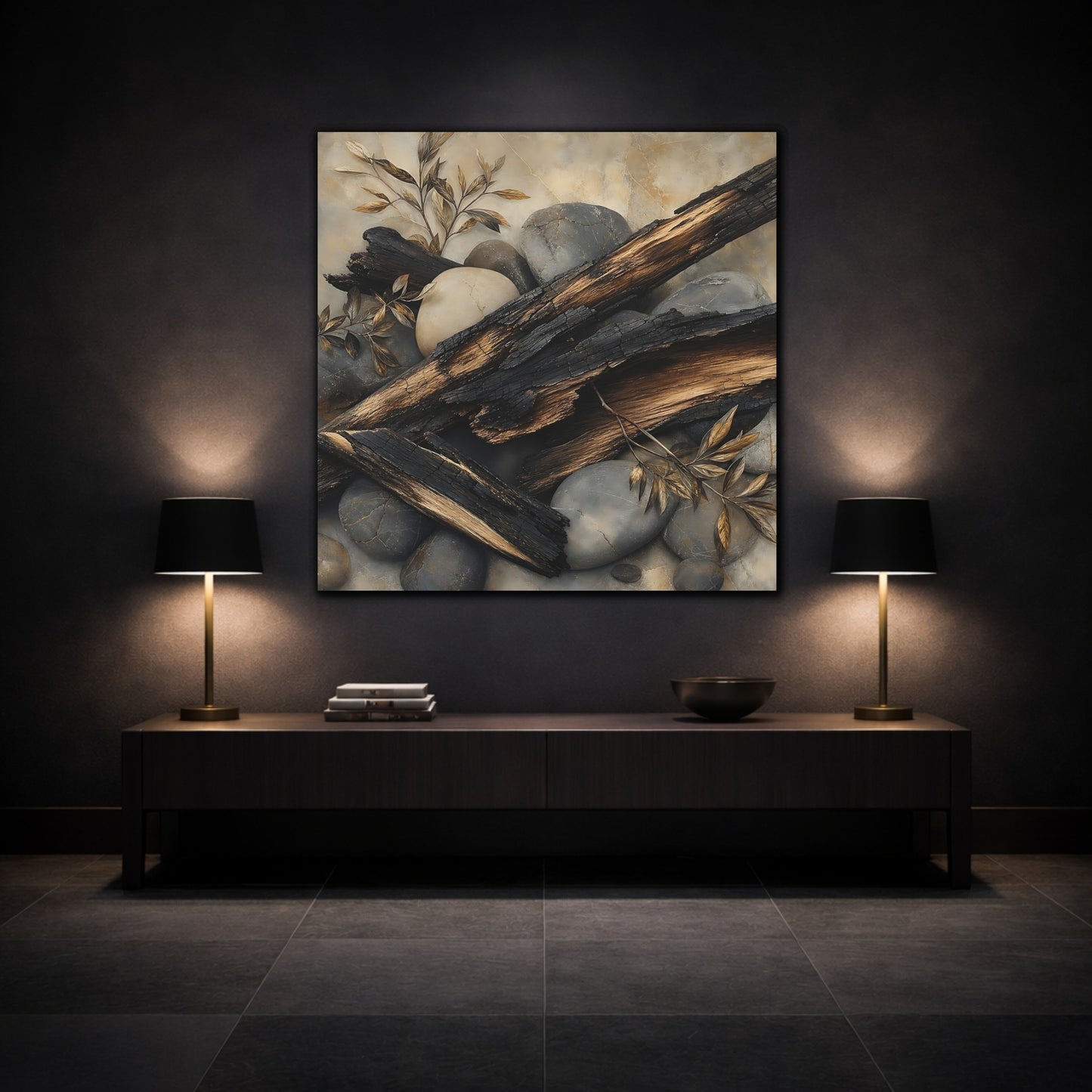 Mockup 3. Nature Charred Wood Brown And Grey shown as stretched canvas wall art
