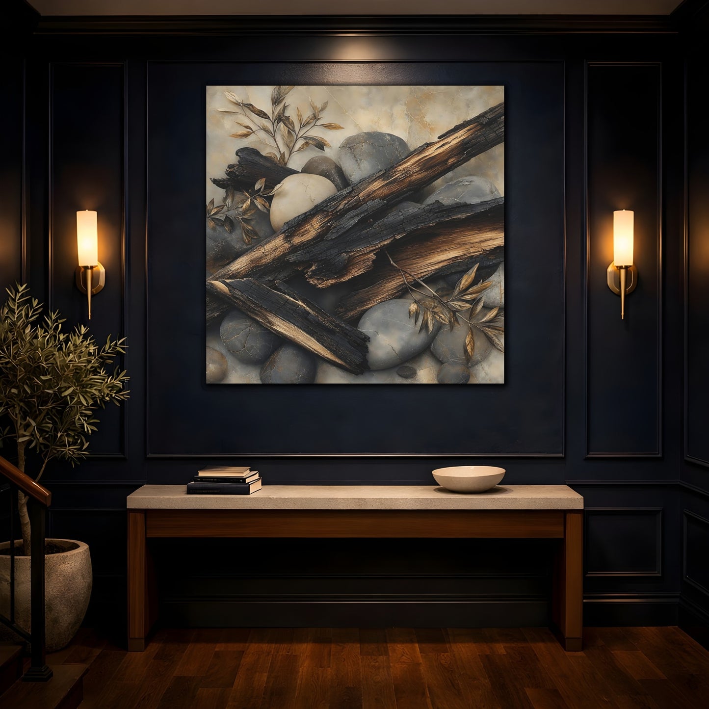 Mockup 4. Nature Charred Wood Brown And Grey shown as stretched canvas wall art