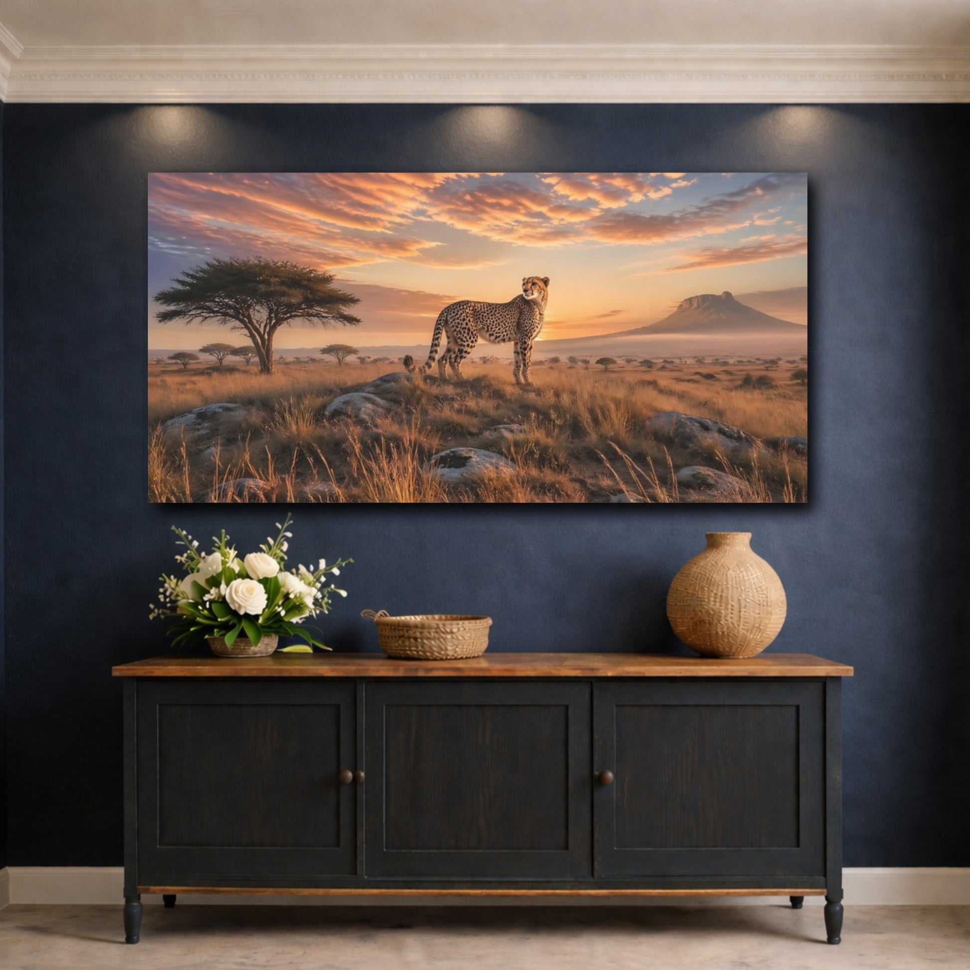 Mockup 4. Nature Cheetah Brown And Orange shown as stretched canvas wall art