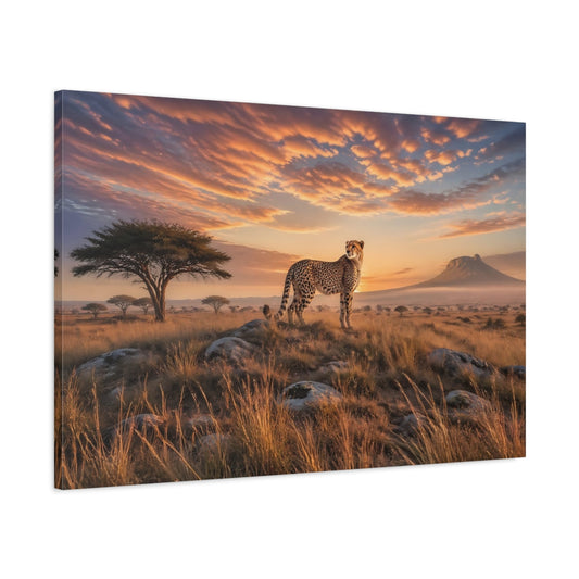 Main Mockup. Nature Cheetah Orange Sunset shown as stretched canvas wall art