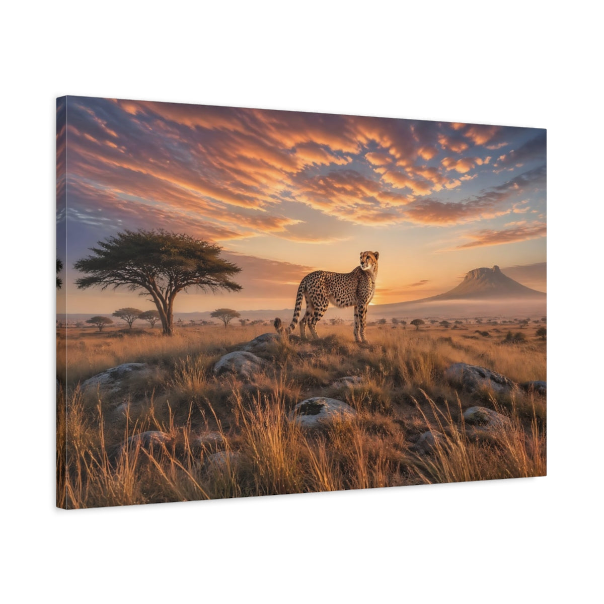 Side Mockup 2. Nature Cheetah Orange Sunset shown as stretched canvas wall art
