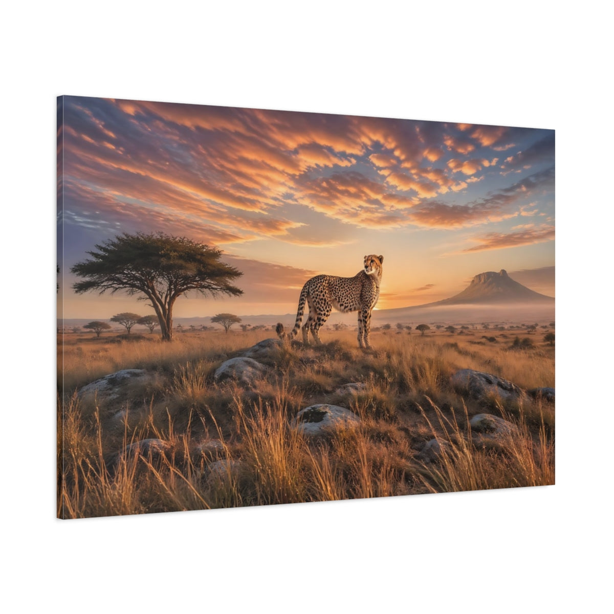 Side Mockup 1. Nature Cheetah Orange Sunset shown as stretched canvas wall art