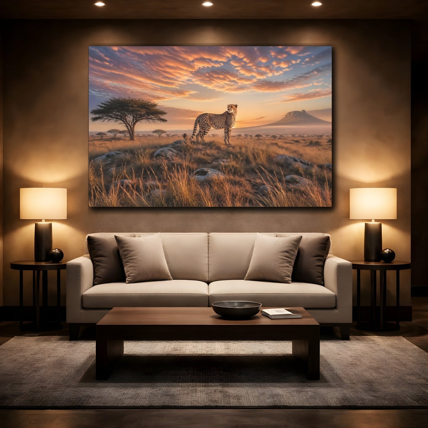 Mockup 2. Nature Cheetah Orange Sunset shown as stretched canvas wall art