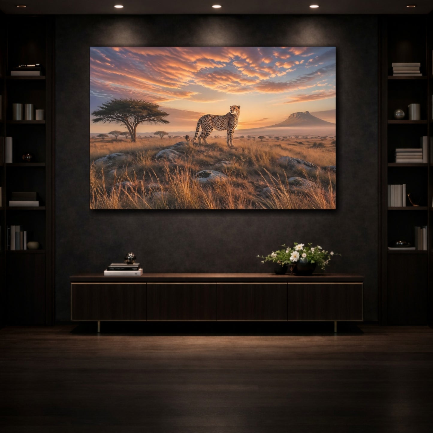 Mockup 3. Nature Cheetah Orange Sunset shown as stretched canvas wall art